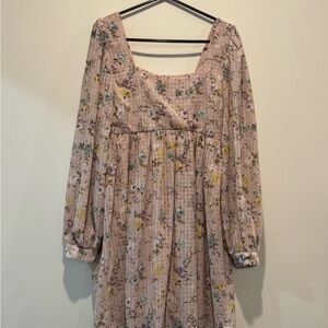 Blu Pepper Pink and Tan Pleated Sundress with Sleeves